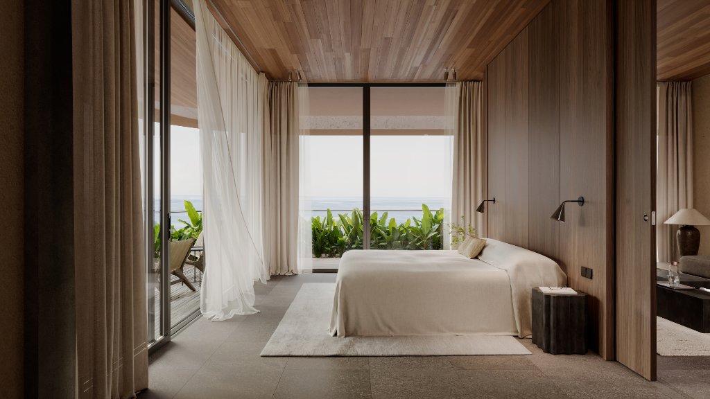 Luna Residences master bedroom with ocean view balcony Bali