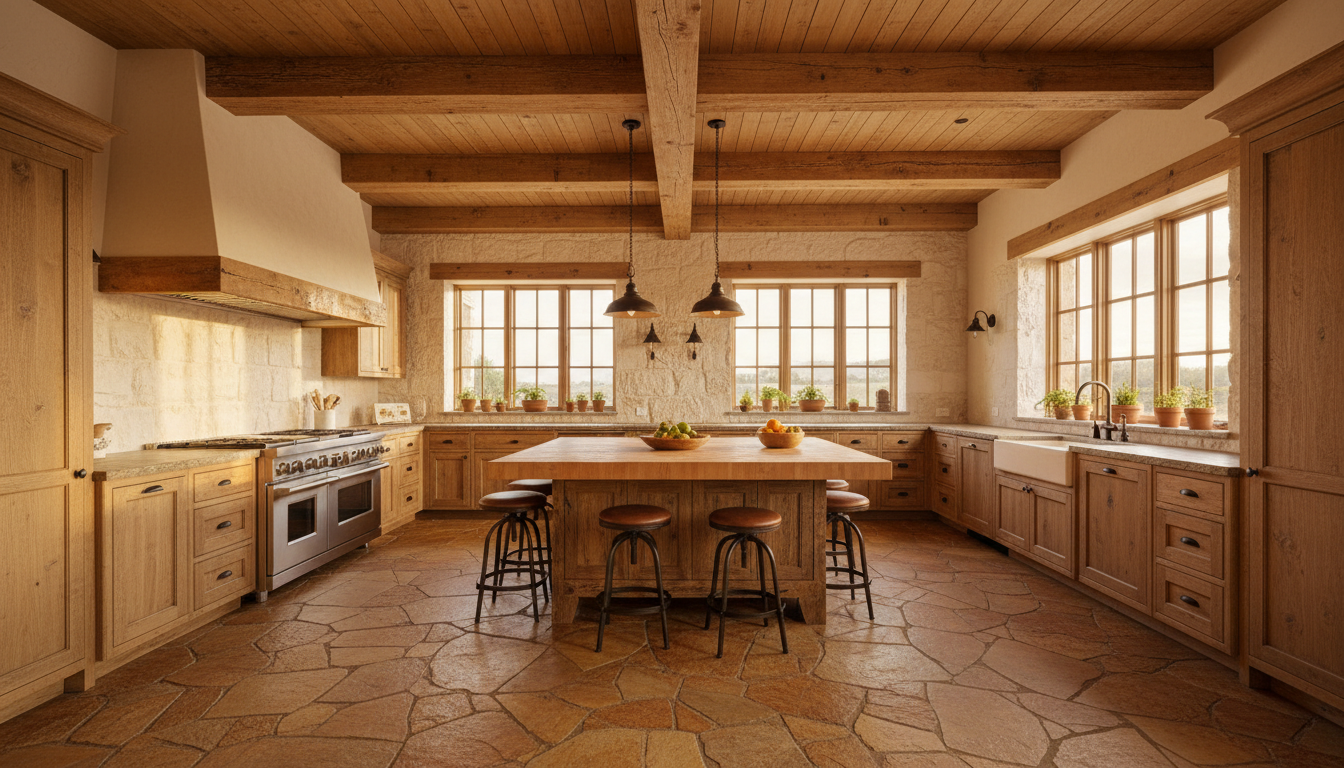 High-end Texas ranch kitchen with natural stone tile flooring and limestone backsplash