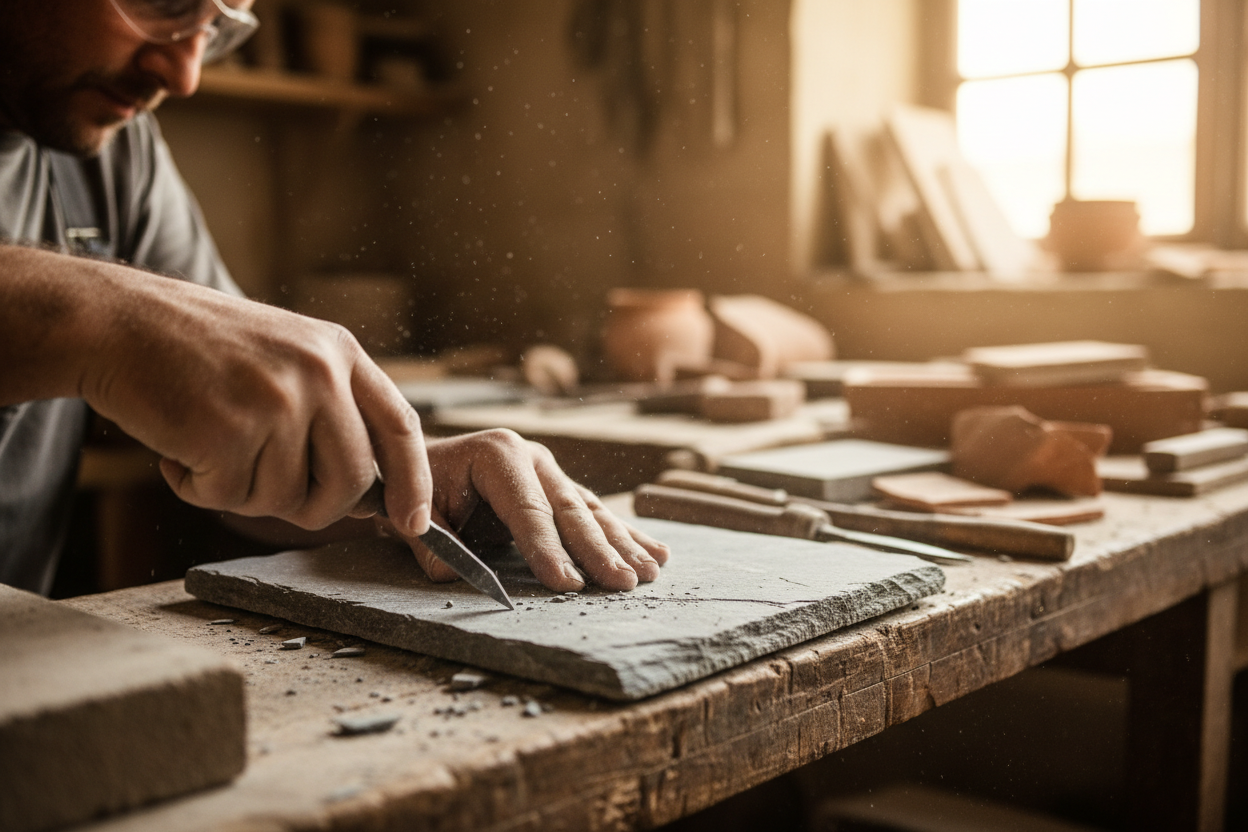 Artisan hands working on raw stone tile