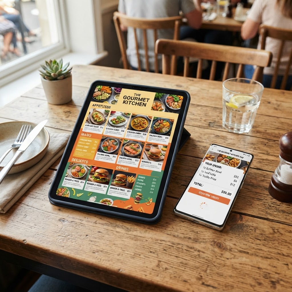 Tablet con menú digital de restaurante con fotos de platos y precios sobre la mesa