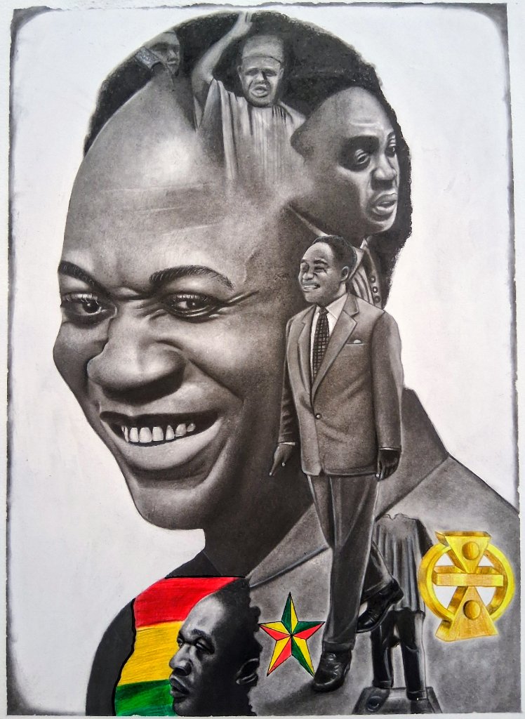 A commanding portrait of a smiling statesman, layered with figures, a pan-African star, and a golden emblem.