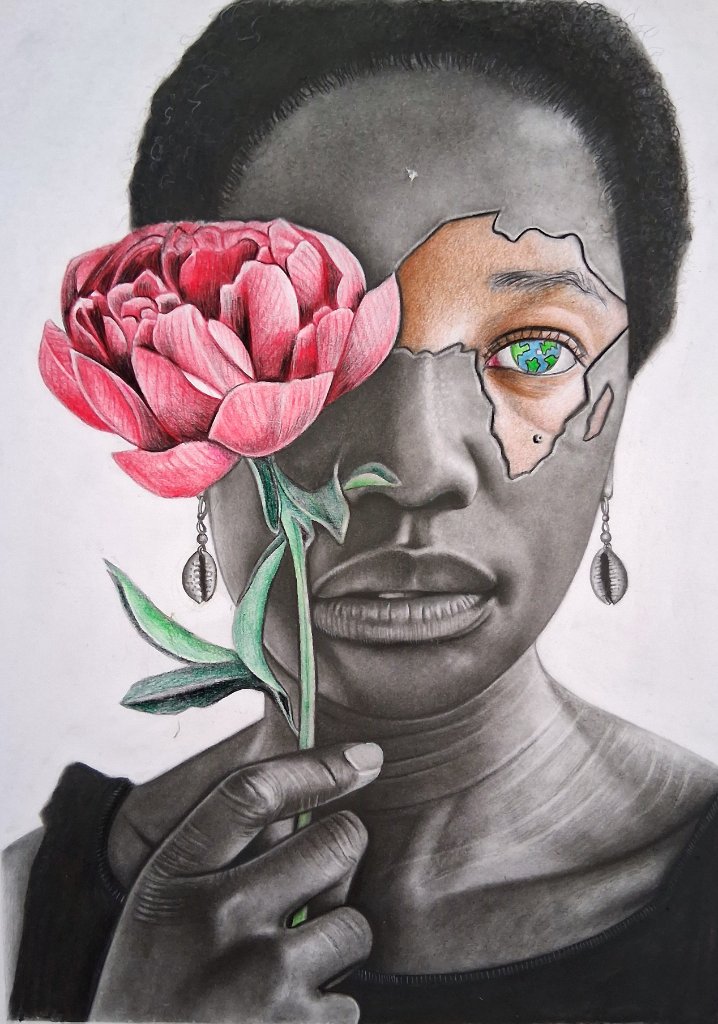A split face holding a pink peony, with an Africa-shaped cutout revealing an eye whose iris is a miniature Earth.