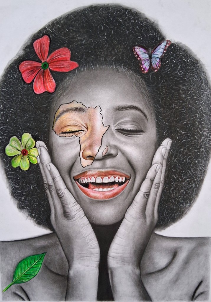 A young figure with a radiant afro, cradling their face as an outline of the African continent glows on the cheek, accompanied by vivid flowers and a butterfly.