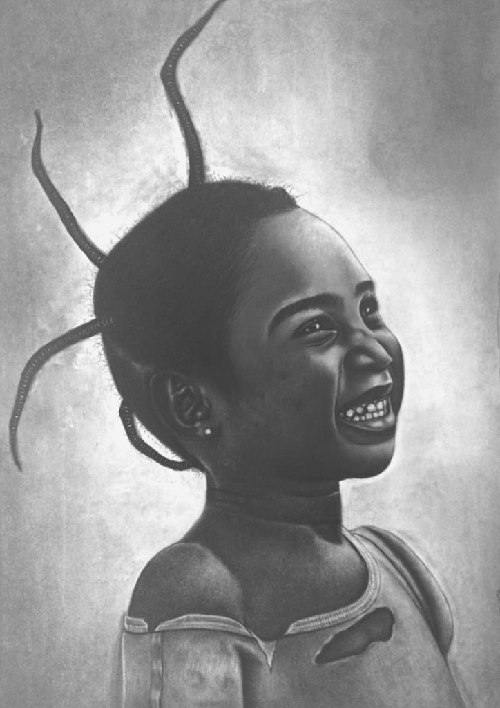 A young girl laughing in profile, her braids rising like antennae, framed by a soft glowing light.