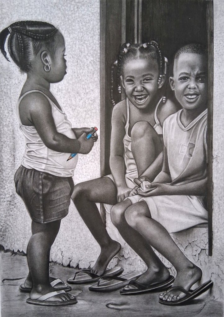Three children gathered in a doorway — one standing with a blue pencil, two seated and smiling — rendered in tender detail.