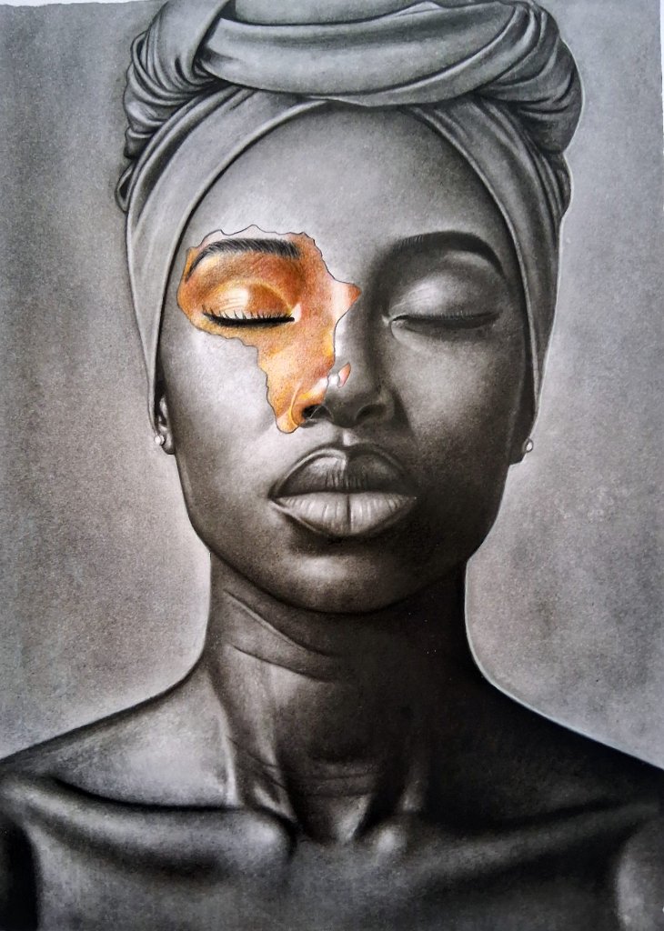 A serene woman in a gele headwrap, eyes closed, with a golden Africa-shaped cutout illuminating her cheek.