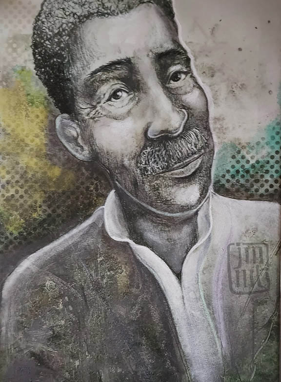 A charcoal-style portrait of an older man with a mustache, smiling warmly. The drawing has high contrast, with detailed shading on the face and a textured, stippled background with hints of green and brown.