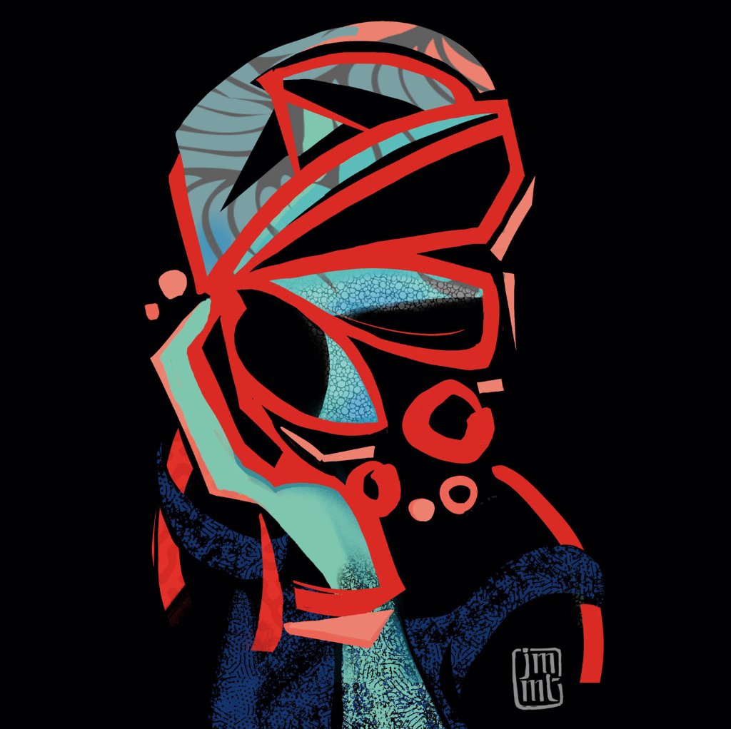 An abstract, geometric portrait on a black background. Bold red lines define the contours of the face and head, filled with textured patterns in cool teal, blue, and grey. The style is fragmented and highly graphic.