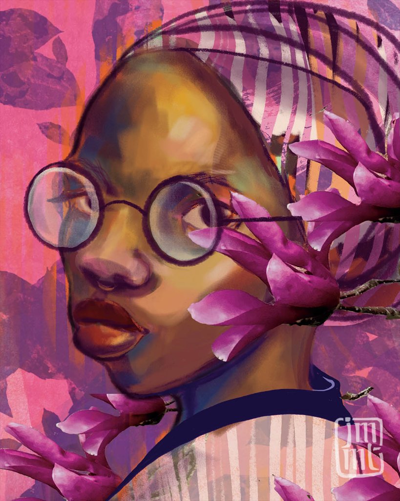 A portrait of a person wearing round glasses, looking toward the viewer against a vibrant pink background. Magenta flower blossoms frame the face, and the person wears a striped head covering, rendered with smooth, colorful brushwork.