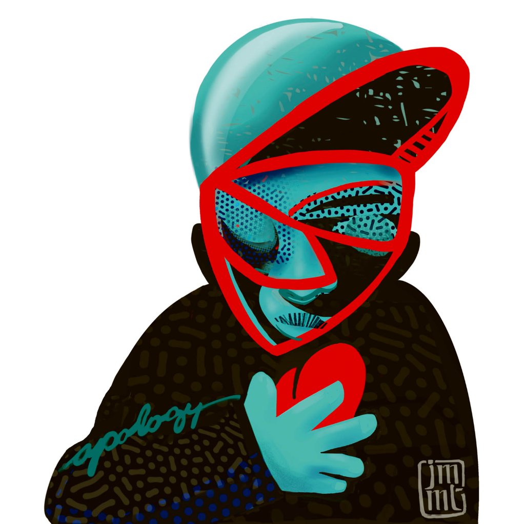 A graphic-style portrait of a person wearing a cap, rendered in cool teal tones against a white background. They hold a small red heart to their chest with both hands, with thick red lines delineating the facial structure.