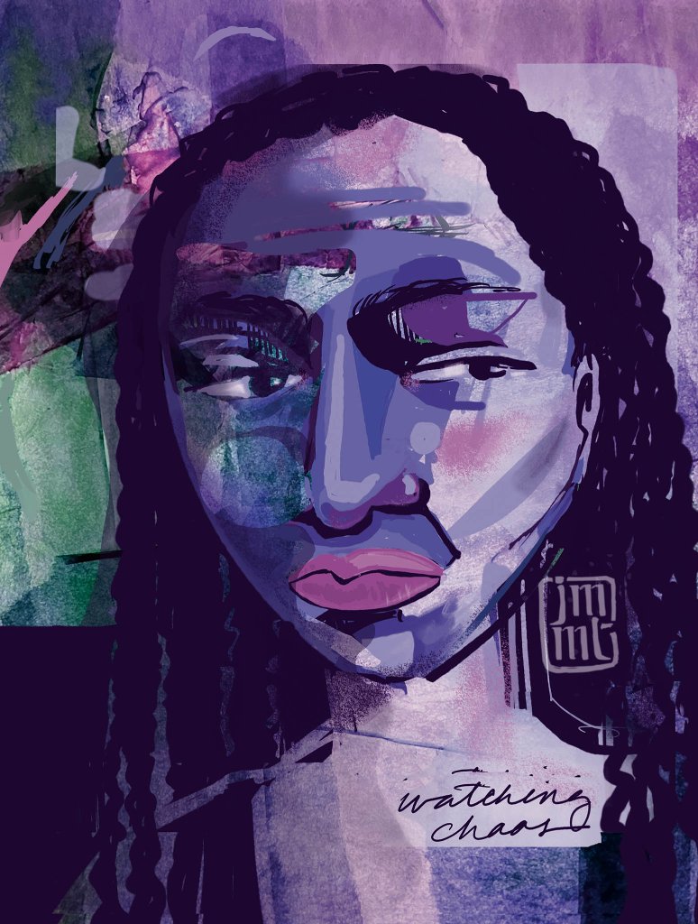 A contemplative, mixed-media portrait with expressive brushstrokes in shades of purple and deep blue. The subject gazes steadily toward the right, with layers of watercolor-like textures throughout the composition.