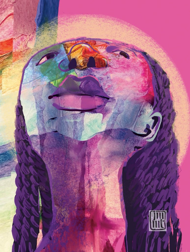 A portrait looking upward with a serene expression. The figure's face is rendered in vibrant shades of magenta, blue, and teal with expressive, layered brushwork. The background is a soft, warm pinkish hue.