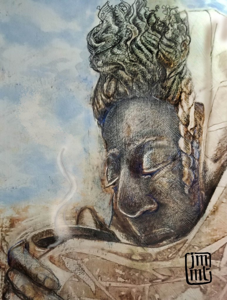 A side-profile portrait of a person holding a steaming cup to their face with eyes closed in peace. The artwork is rendered in detailed, cross-hatched pencil strokes with a soft sky-blue background.