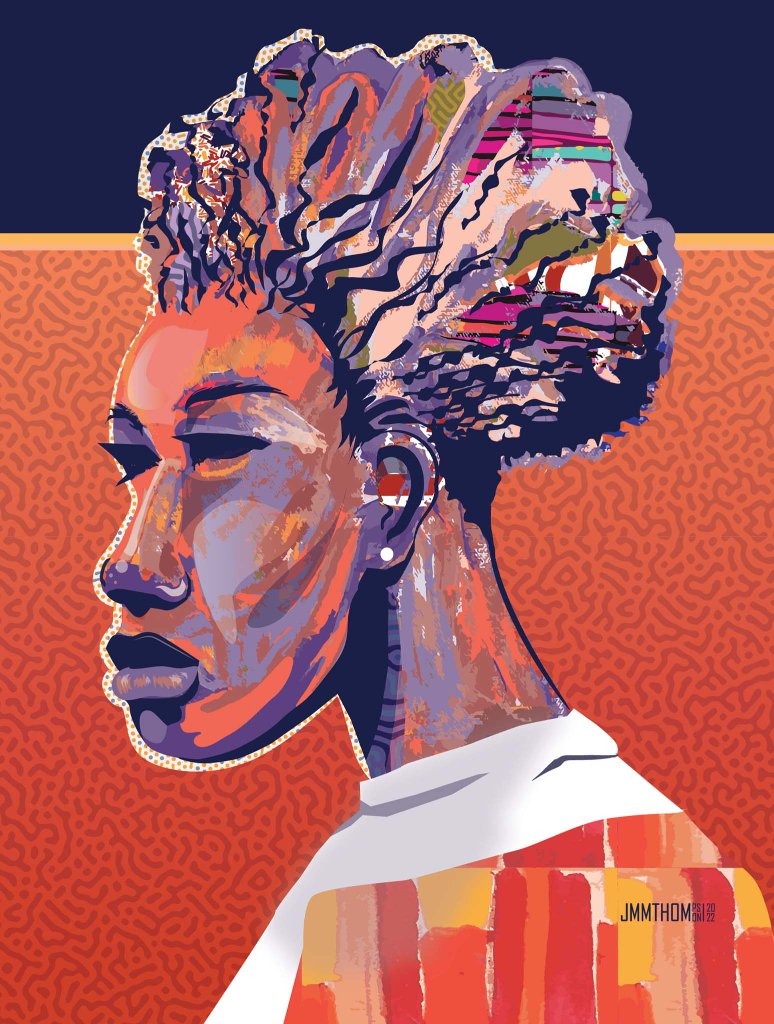 A profile portrait of a woman with braided hair styled in a high bun. She looks to the left, wearing a collared garment. The background features a textured orange pattern, and the subject's face displays rich, painterly tones of purple and brown.