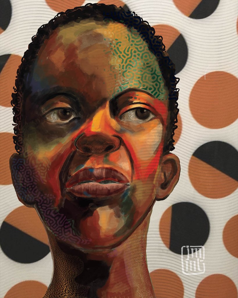 A close-up portrait with highly textured, multi-colored skin tones, including hints of orange, yellow, and blue. The subject gazes off-center, set against a background of large, rhythmic black and tan circles.
