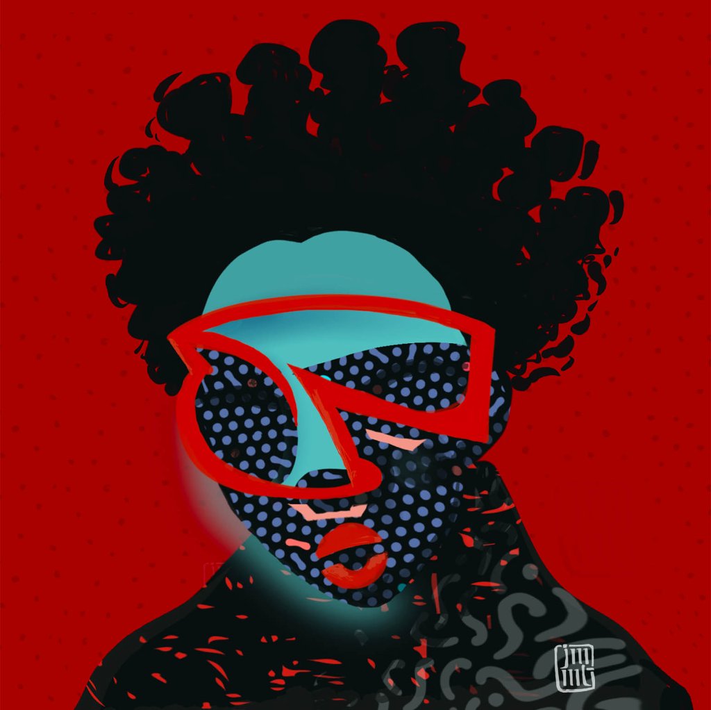 A stylized portrait featuring a face covered in dark blue polka dots, partially obscured by bold, oversized red frames. The subject has dark, curly hair and full, bright red lips, set against a solid, intense red background.