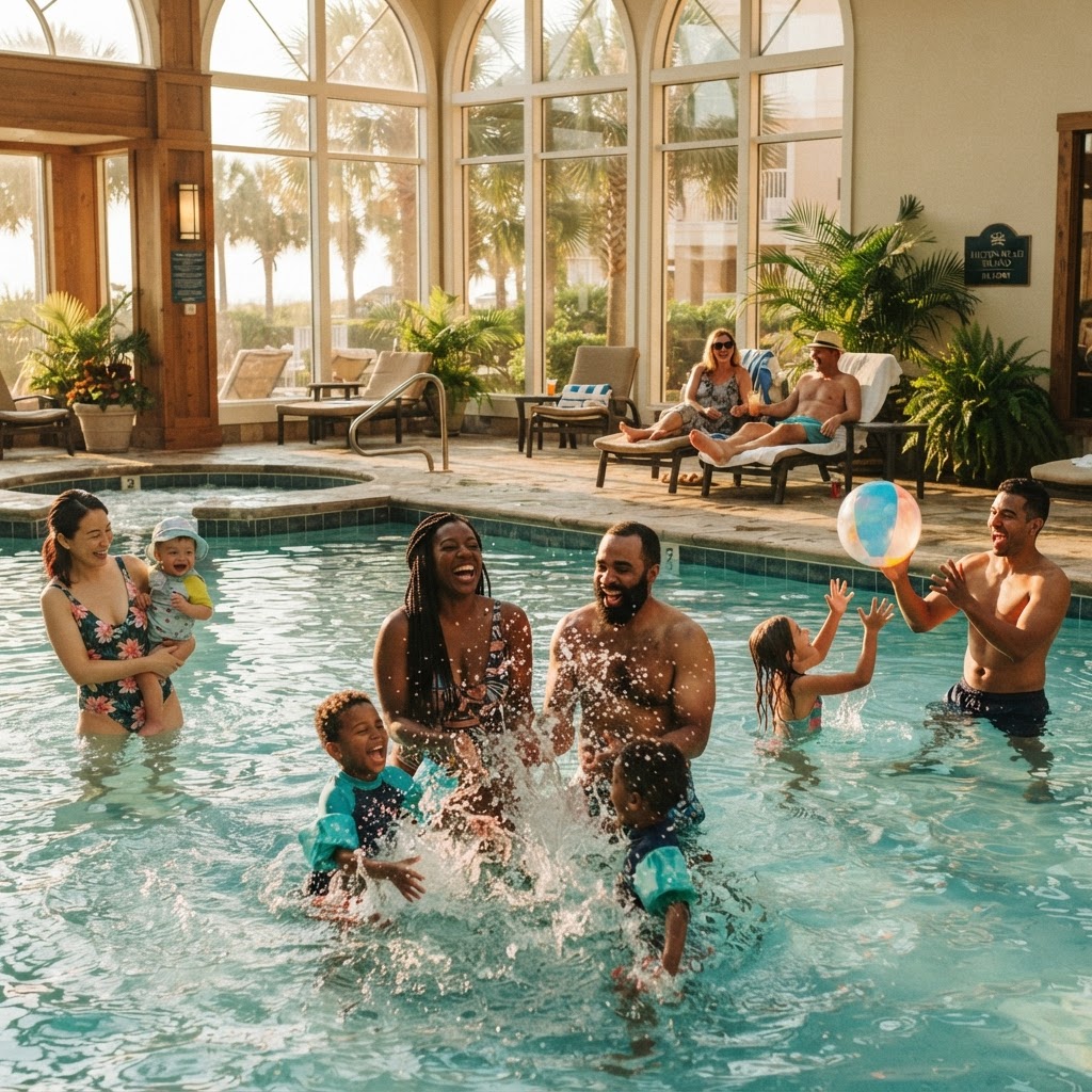 Diverse families playing and splashing in a sunlit resort indoor pool on Hilton Head Island