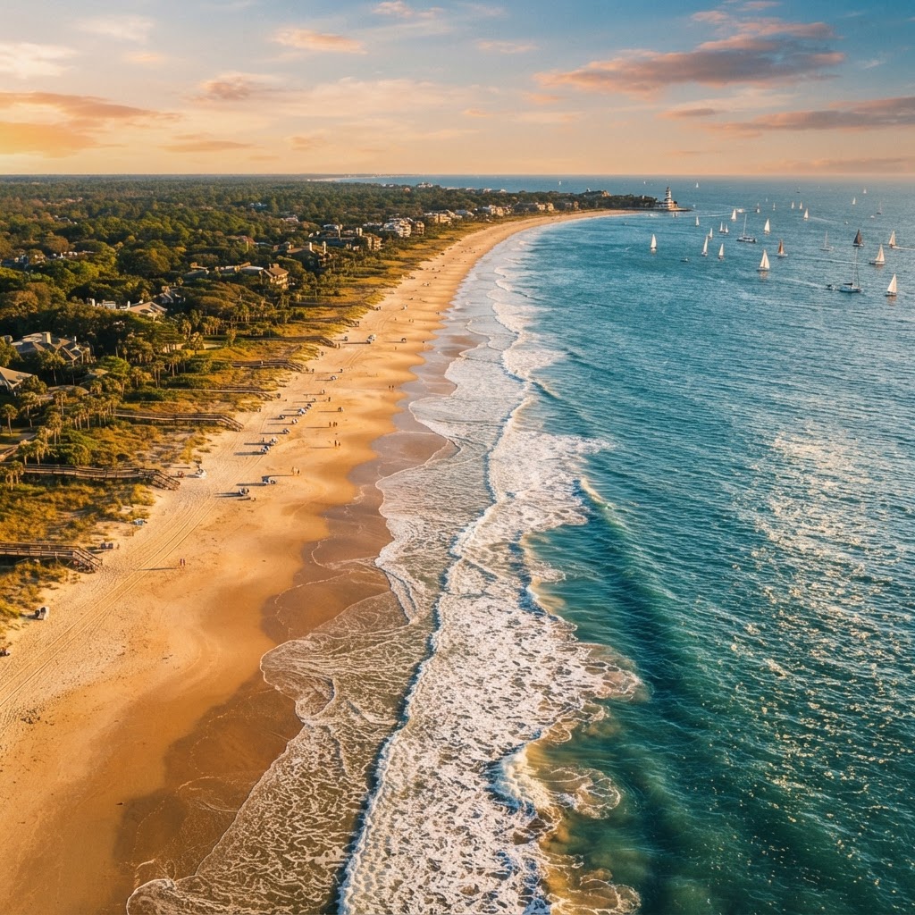 Aerial drone view of rolling Atlantic waves cresting onto a golden Hilton Head Island beach at golden hour, with distant sailboats on the open water