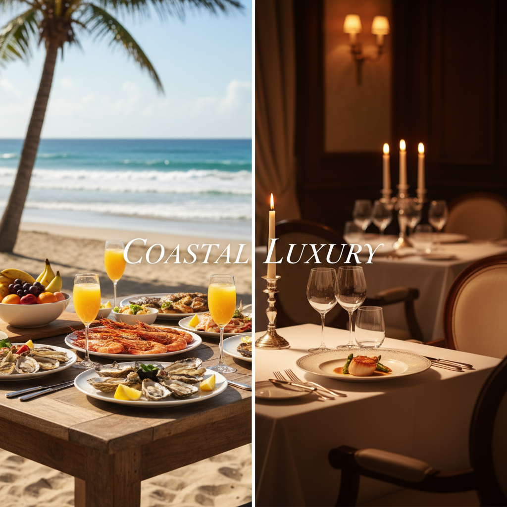 Split scene of a casual beachfront brunch and an exclusive candlelit fine-dining restaurant on Hilton Head Island
