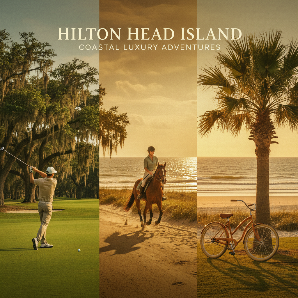 Golfer swinging on a green course, horseback rider on a coastal trail, and a beach cruiser bike near the ocean on Hilton Head Island