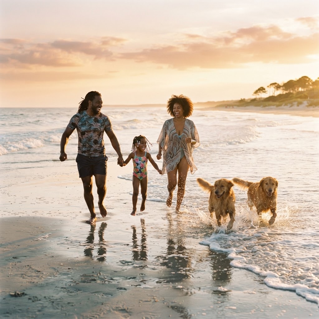 A Black family laughing and running on a Hilton Head Island beach with two golden retrievers splashing in the waves at golden hour