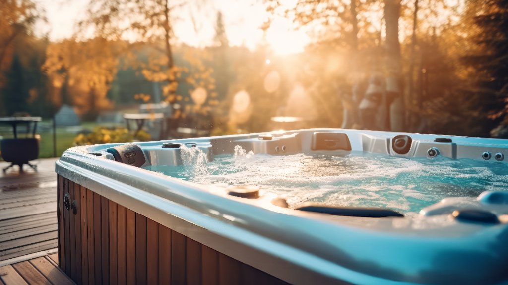 Luxury hot tub glowing with amber light at twilight, steam rising