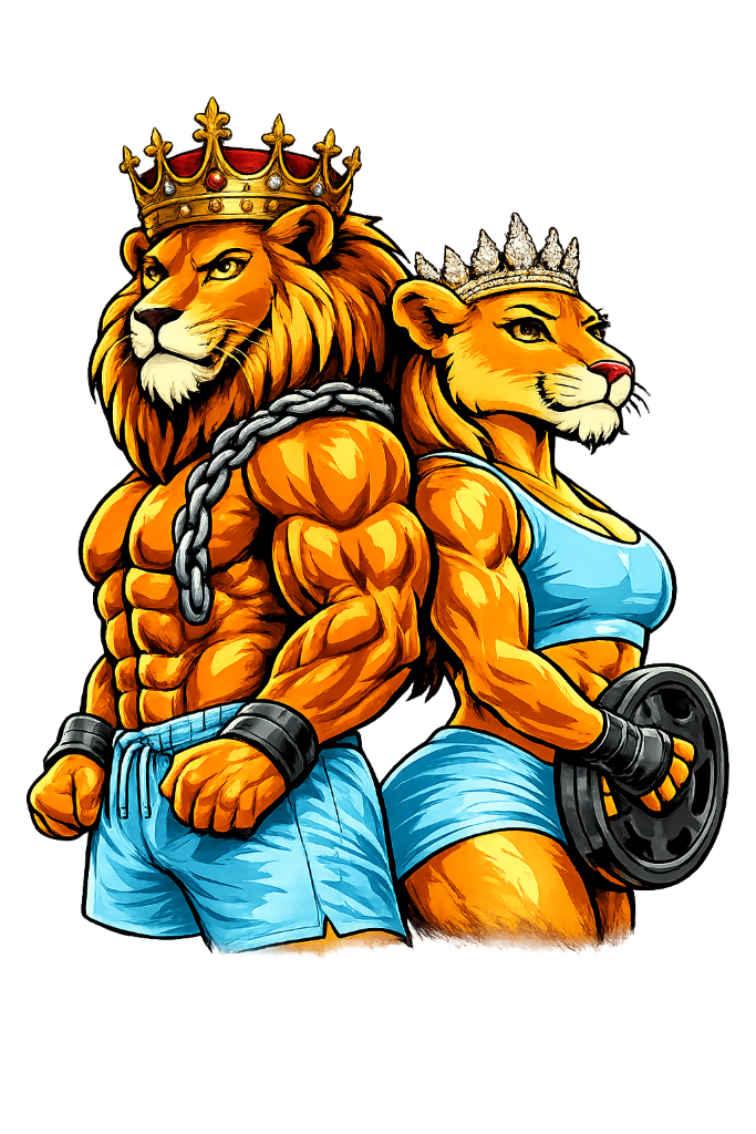 Royal Fitness lion and lioness mascots wearing crowns
