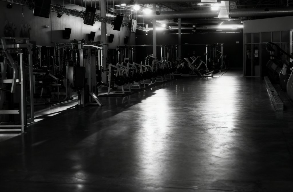 Wide-angle view down the gym floor lined with strength training machines