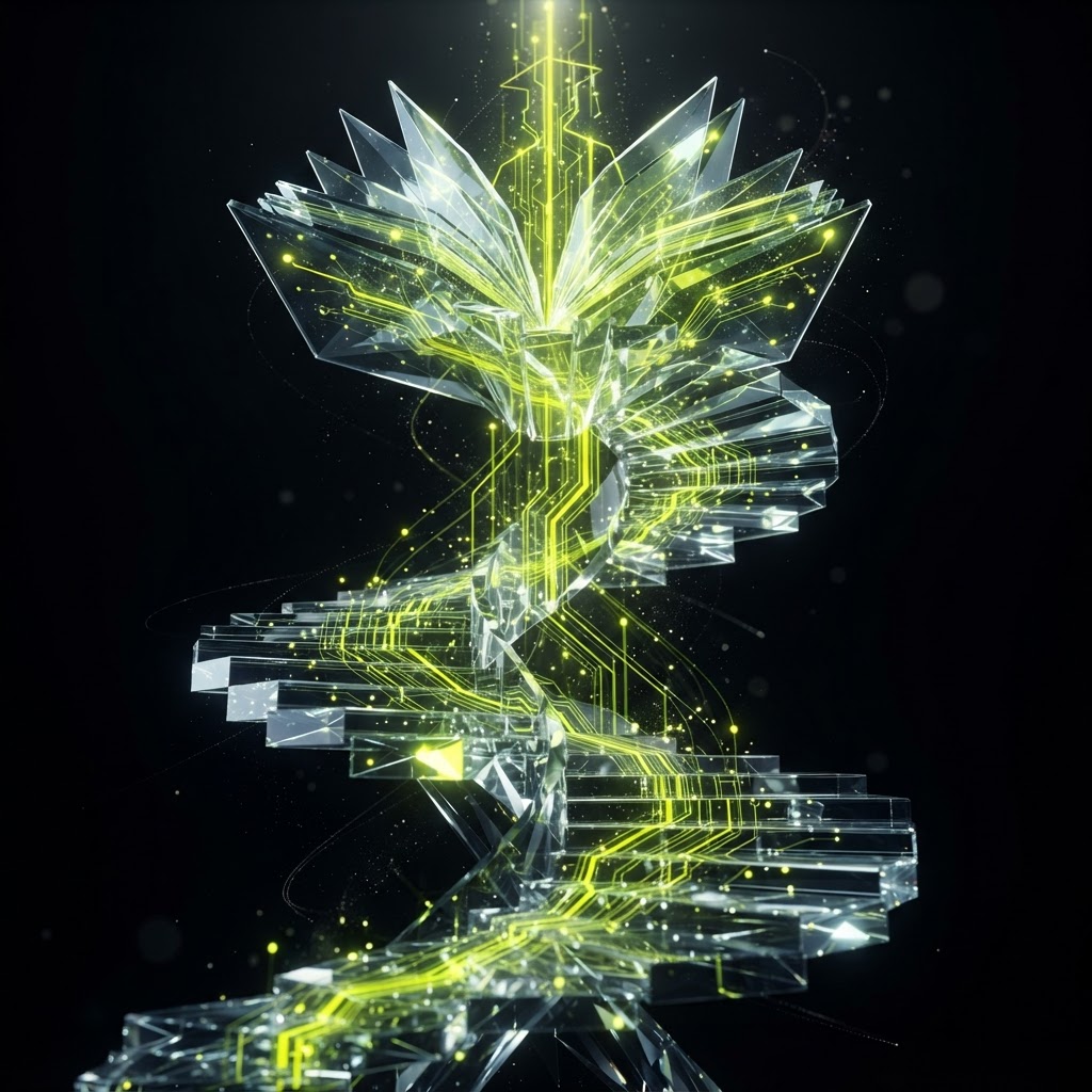 Training-Corr visualization with a crystalline ascending learning structure of faceted glass shards and glowing knowledge pathways
