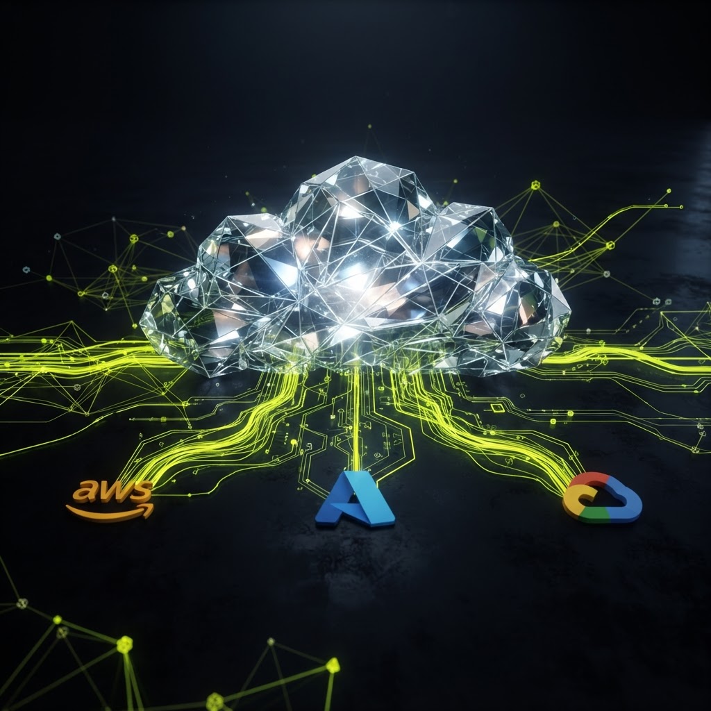 Cloud-Corr visualization with a crystalline cloud of faceted glass shards and interconnected multi-cloud provider nodes