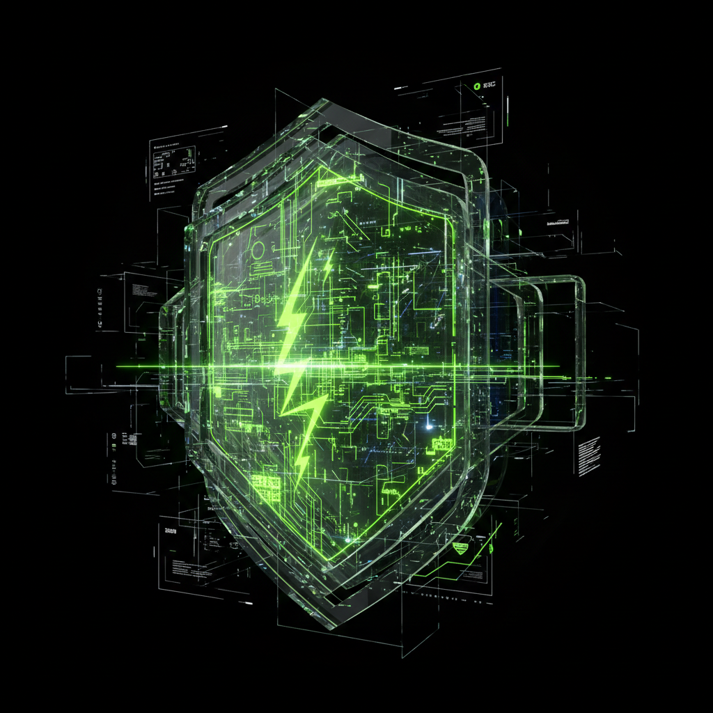 AI Shield-Corr security visualization with crystalline protective shield and circuit patterns