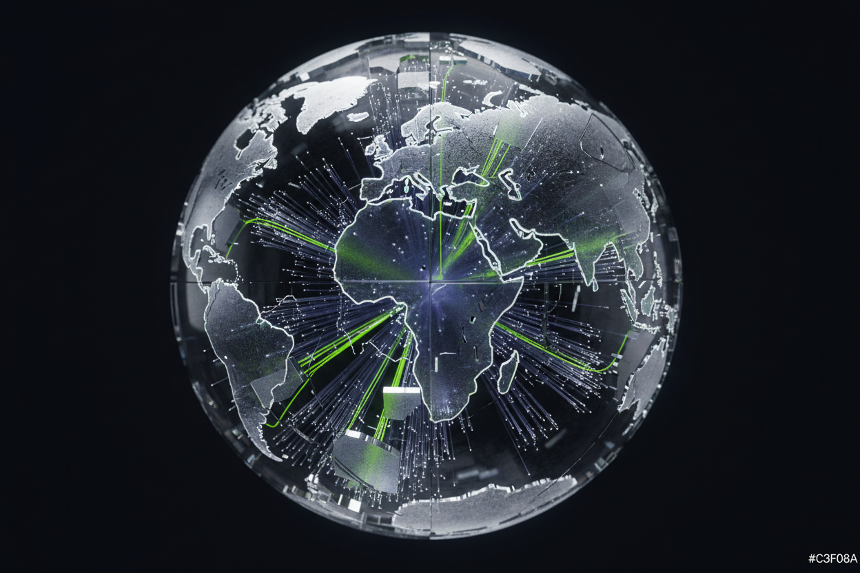 Logistics-Corr AI supply chain visualization with fiber-optic paths through glass sphere