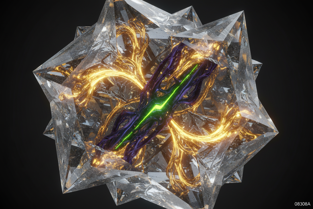 Engage-Corr revenue intelligence visualization with golden liquid light flowing through crystalline structure