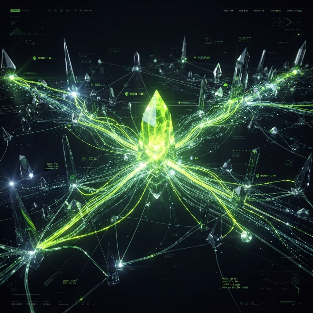Growth Network visualization with interconnected crystalline nodes and glowing volt-green network pathways
