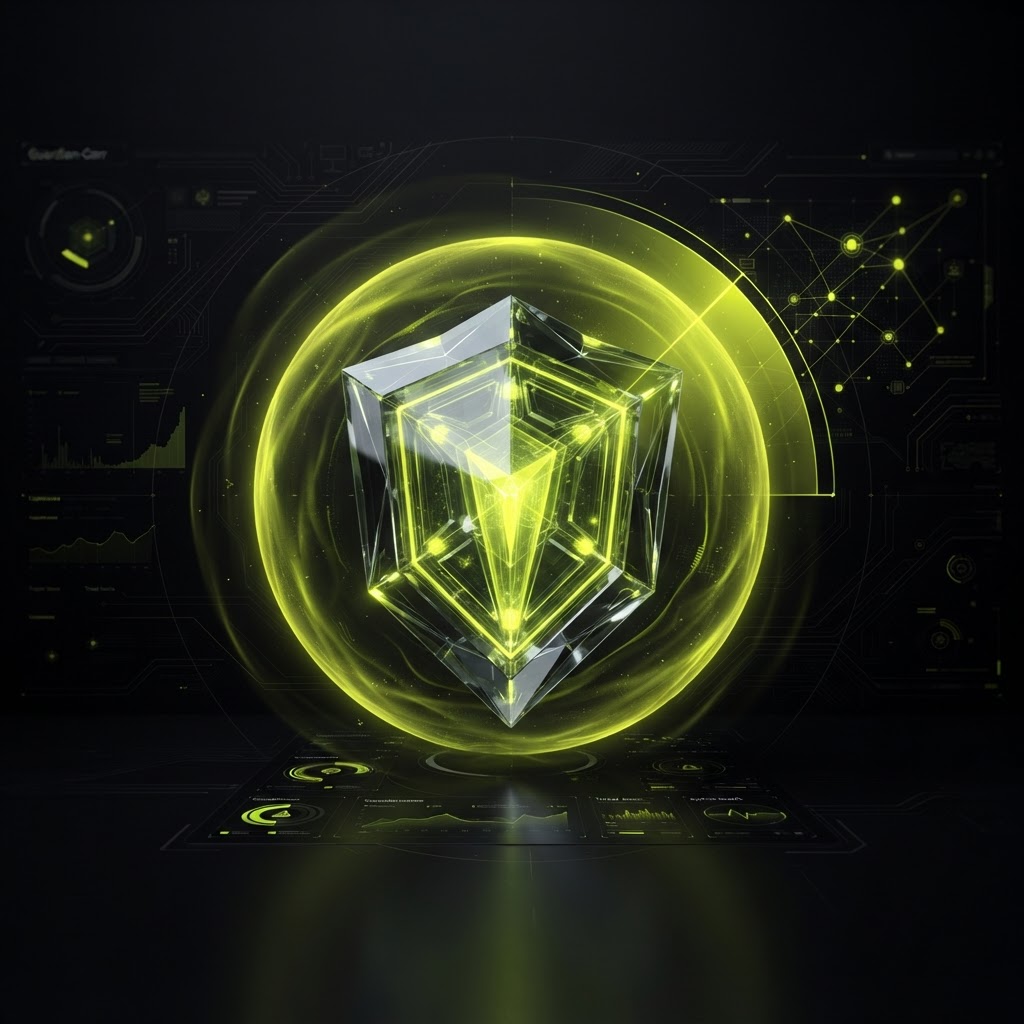 Guardian-Corr visualization with a crystalline guardian shield emitting a protective energy field