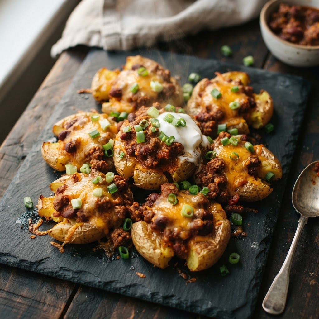 Chili Cheese Smashed Potatoes