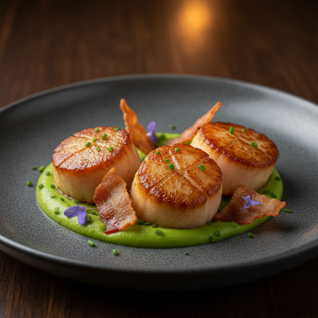 Seared Scallops with Pea Purée and Crispy Pancetta