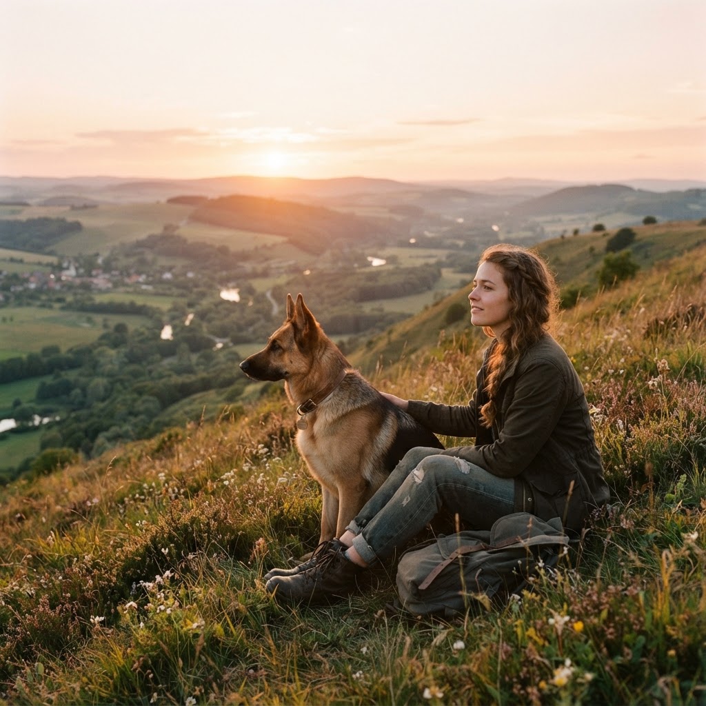 A German Shepherd and their owner sitting together on a hillside, both looking out across open countryside towards the horizon