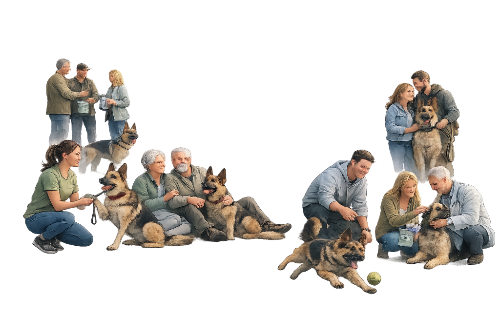 People and German Shepherd dogs beneath the LUOSKO Community Tree