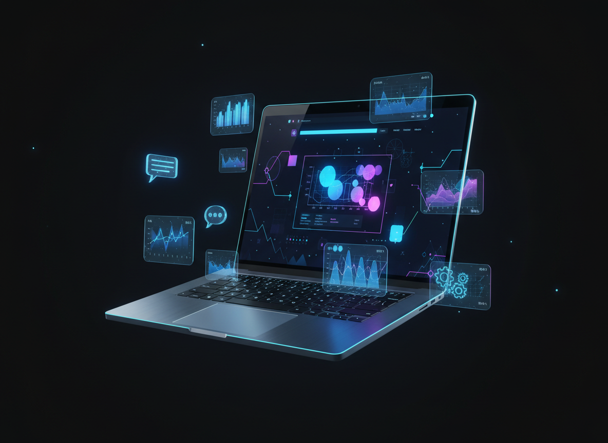 AI-powered website displayed on a floating laptop with holographic UI elements