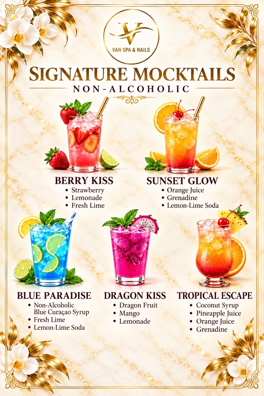 Van Spa & Nails signature mocktails menu — five non-alcoholic drinks with ingredients