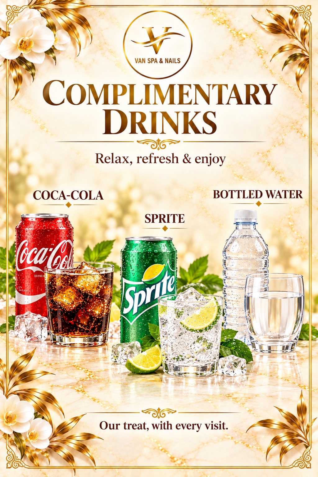 Van Spa & Nails complimentary drinks — Coca-Cola, Sprite and bottled water served with ice and garnishes