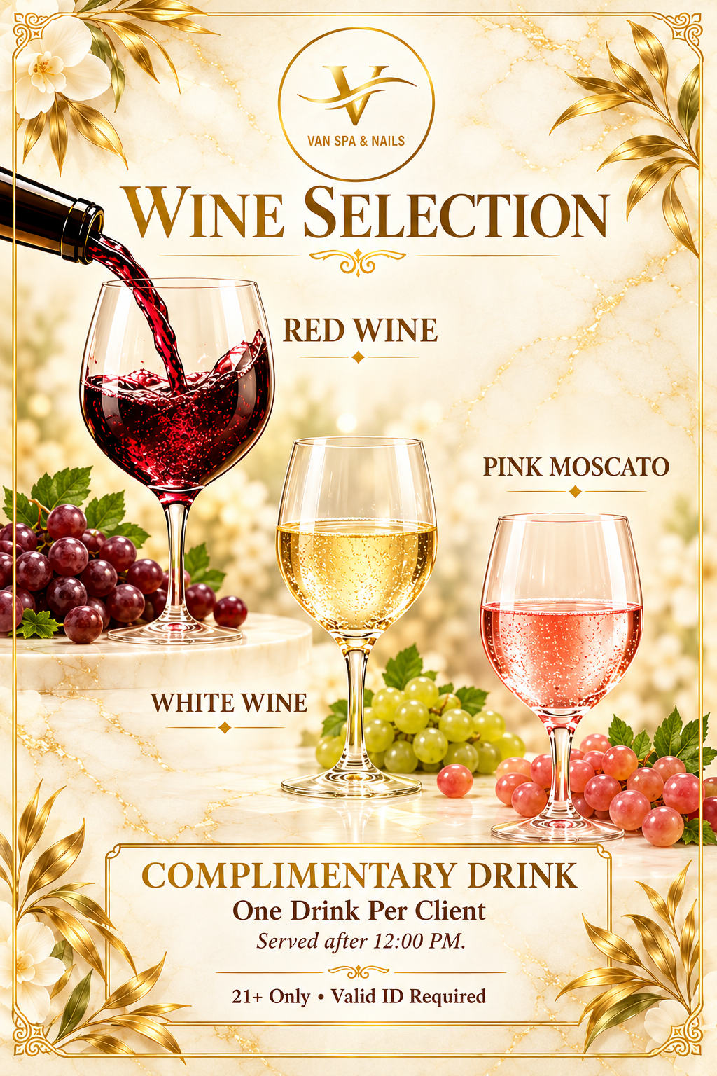 Van Spa & Nails wine selection menu — red wine, white wine and pink moscato