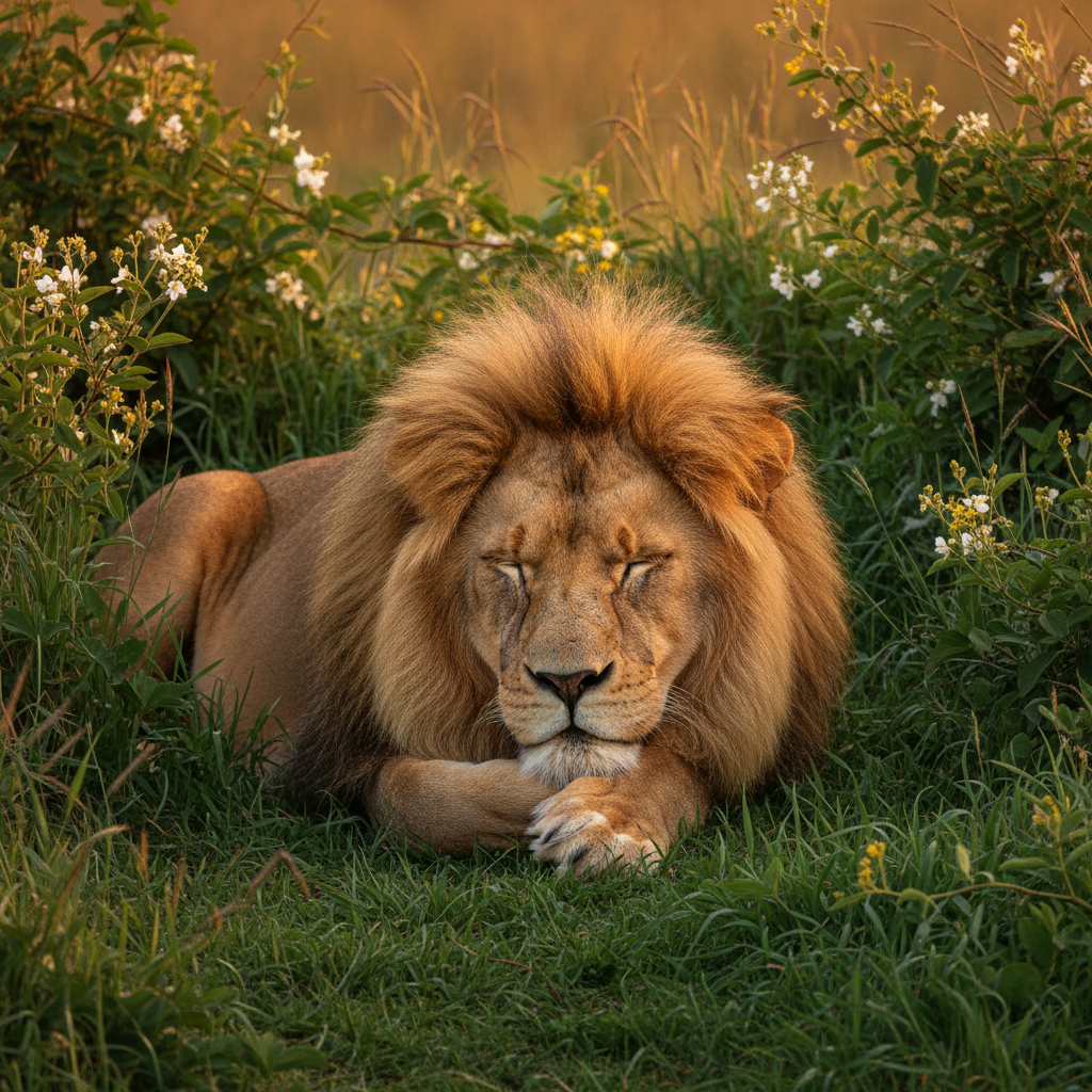 A sleeping lion resting peacefully on lush green grass in soft twilight