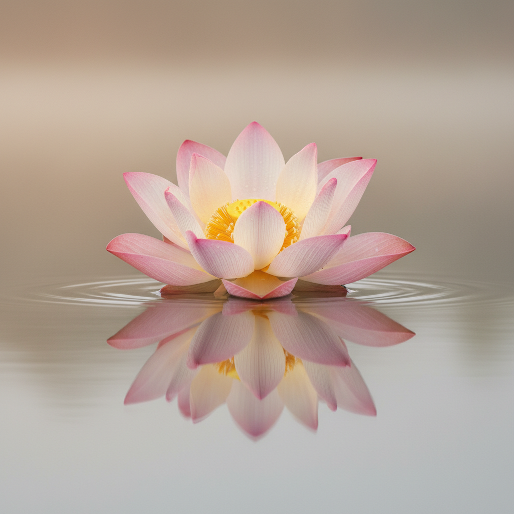 An open lotus flower in full bloom floating on still water in soft morning light