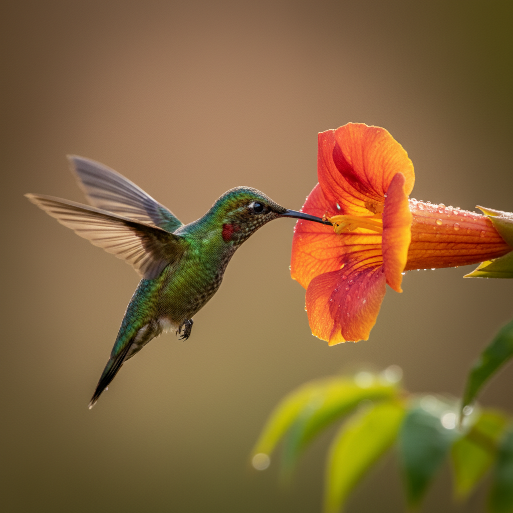 A hummingbird hovering near a vibrant flower in soft natural sunlight