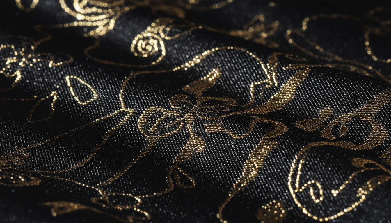 Luxurious black silk fabric with golden thread detailing