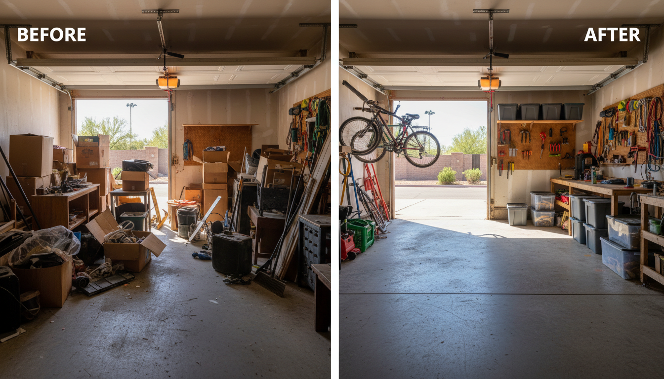 Before and after of a 2-car garage cleanout in Anthem