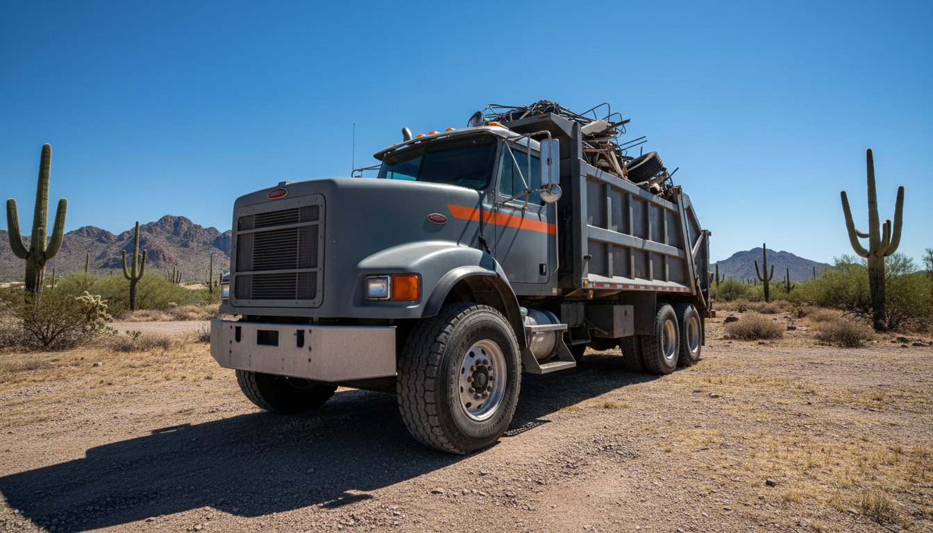 Juggernaut Junk Removal truck in North Phoenix Arizona desert landscape