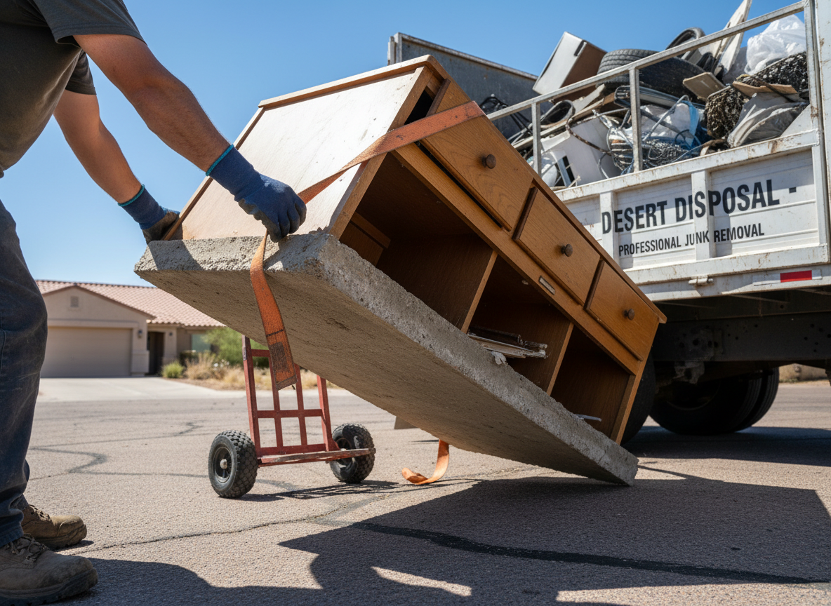 Professional junk removal crew lifting heavy debris into a hauling truck